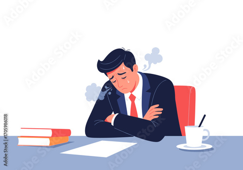 Man in suit looking tired at desk with papers and coffee.