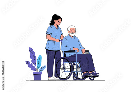 Nurse Assisting Elderly Man in Wheelchair with Care.