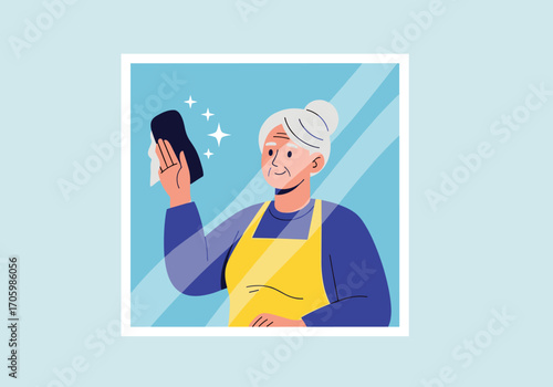 Elderly Woman Cleaning Window with Cloth.