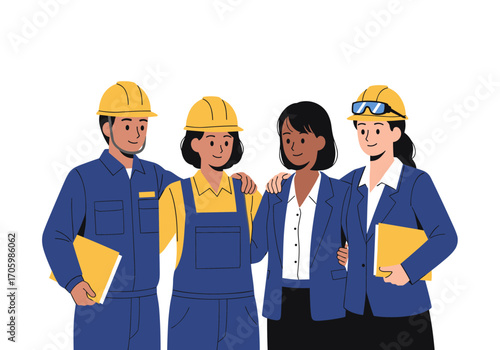 Diverse team of construction workers and professionals collaborating.