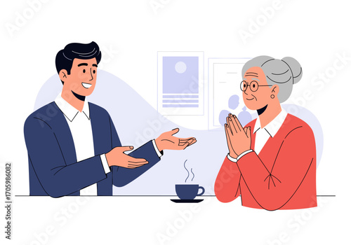 Man and woman talking over coffee in a meeting.