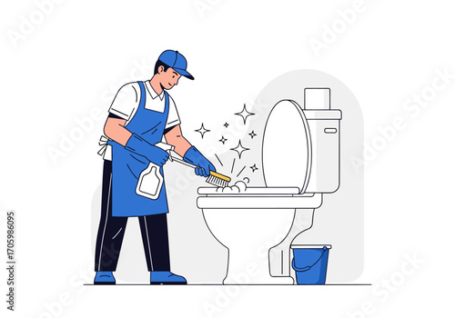 Man cleaning toilet with brush and spray bottle.