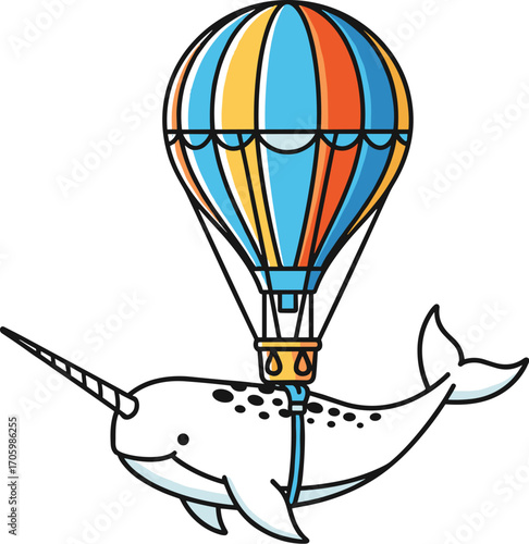 Cartoon narwhal floating with hot air balloon illustration