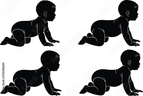 Silhouette vector of four crawling babies in black and white design representing infant movement, growth, development, and early childhood milestones