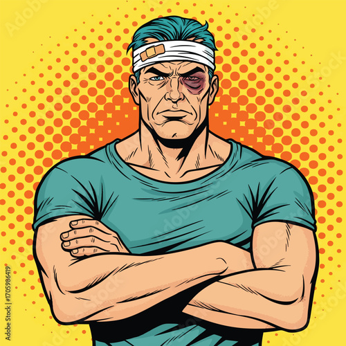 A tough injured man with a black eye and bandaged head in a pop art comic style.