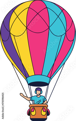 Cartoon man in hot air balloon waves, colorful balloon, travel