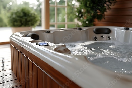 Indoor Jacuzzi Filled with Water and Bubbles, Relaxing Spa with Wooden Paneling