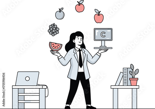 Cartoon woman juggles fruit and a computer, wearing lab coat
