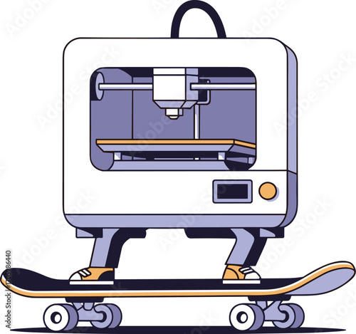 Cartoon 3D printer on a skateboard illustration
