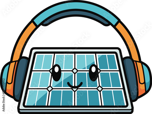 Cartoon solar panel wearing headphones vector illustration