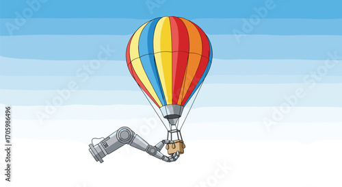 Robotic arm delivers package in balloon, cartoon style