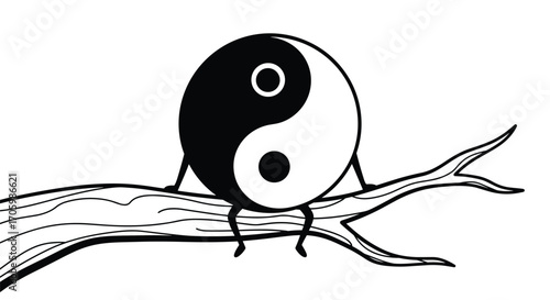 Yin yang symbol with limbs sits on tree branch