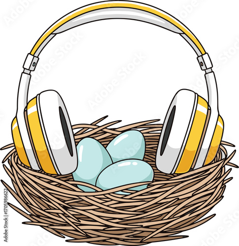 Cartoon headphones in nest with three blue eggs