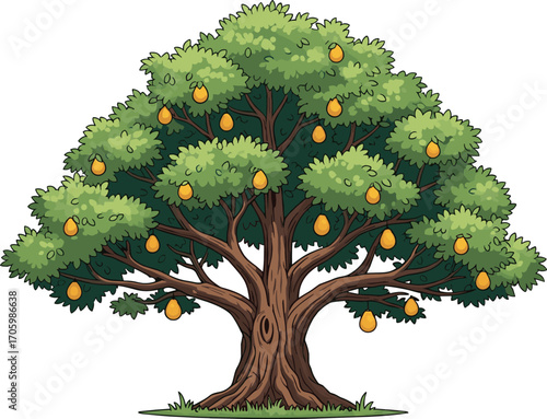 Silhouette vector of fruit tree with pears, foliage, and grass in black and white design symbolizing nature, growth, and abundance