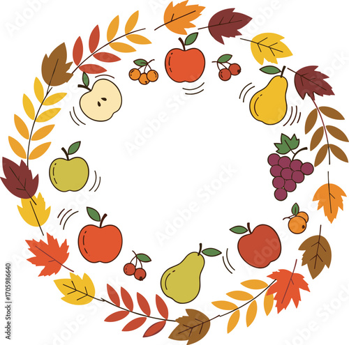 Autumn wreath with fall leaves, apples, pears, cherries and grapes