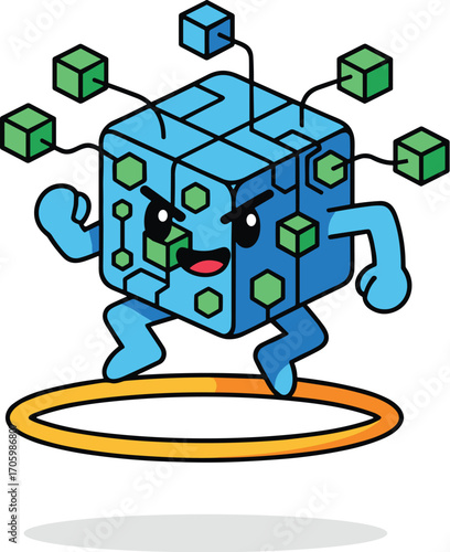 Cartoon blockchain cube jumping through ring