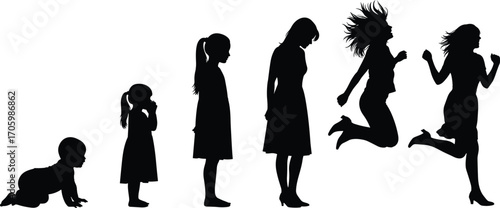 Silhouette vector of human growth stages from crawling infant to running adult in black and white developmental life progression design