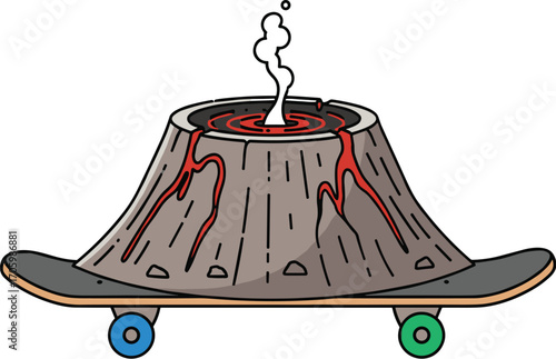 Cartoon volcano on skateboard with blue, green wheels and black deck, erupting smoke