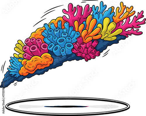 Cartoon coral reef illustration with vibrant colors and hovering effect above a circular shadow.