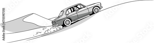 Retro car drives up sand dune cartoon style