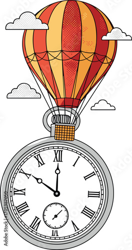 Vintage pocket watch travels by hot air balloon with clouds