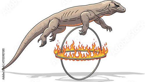 Cartoon komodo dragon jumping through ring of fire