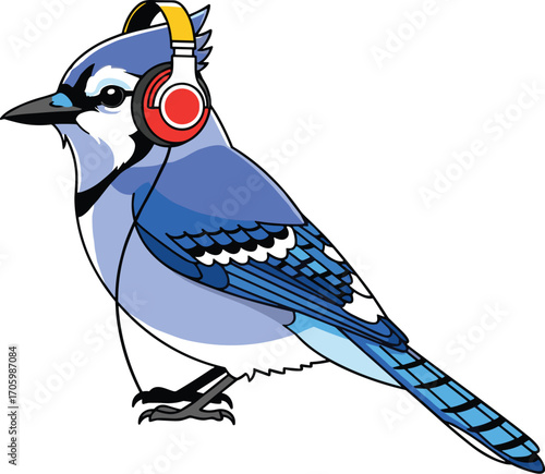 Cartoon blue jay wearing red and gold headphones listens to music