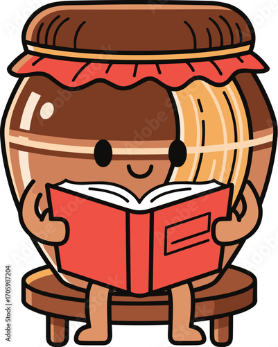 Cartoon jar character reading book on stool