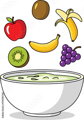 Fruits cartoon floating above bowl of green smoothie