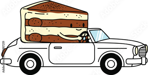 Cartoon cake slice driving white car with smile