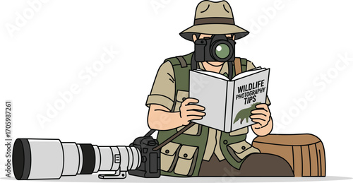 Cartoon wildlife photographer reads tips, wearing hat and vest with camera