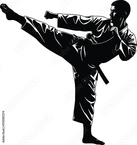 Silhouette vector of martial artist performing high side kick in gi uniform with belt in black and white dynamic pose design