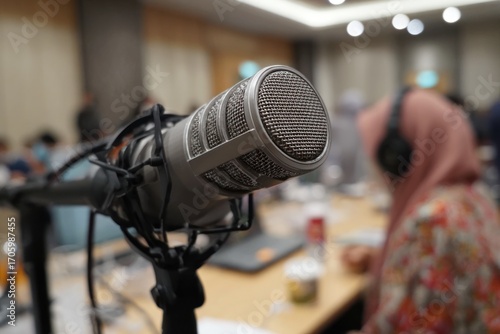 Close-up of a microphone in a conference room