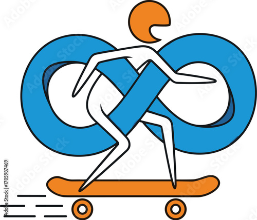Cartoon skater with infinity symbol body on skateboard