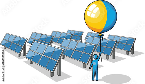 Cartoon figure holds Ukraine balloon by solar panels, shows green energy