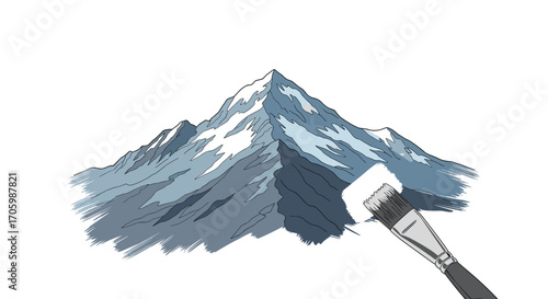 Cartoon mountain with snow being painted white by paintbrush