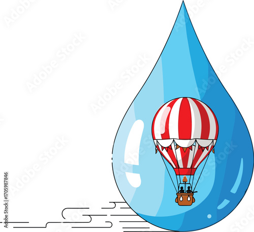 Cartoon water drop with hot air balloon inside, travel concept