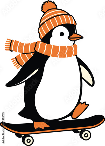 Cartoon penguin on skateboard wearing hat and scarf