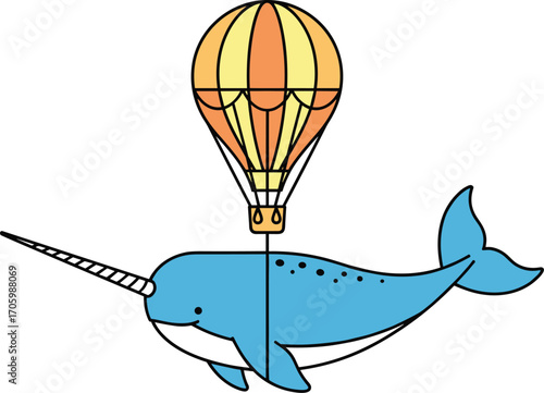 Cartoon narwhal floating with yellow hot air balloon