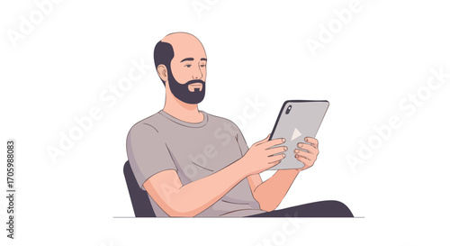 A balding man with a dark beard wearing a grey tshirt sitting and using a digital tablet.