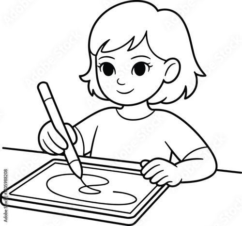 Young girl drawing on digital tablet with stylus pen, creative learning, digital art creation, child artist, black and white line art illustration
