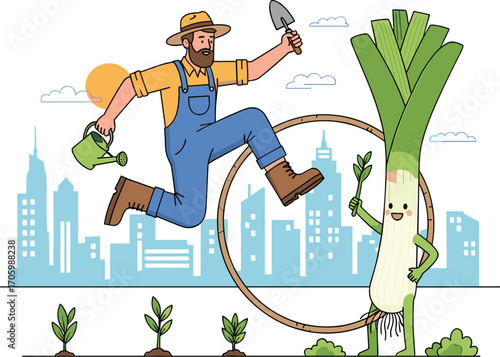 Happy farmer jumps through hoop with watering can, spade, crops, city