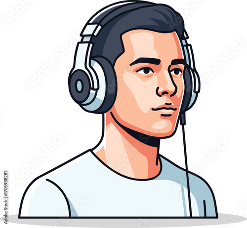 Vector illustration of man with headphones listening to music
