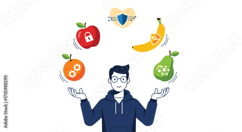 Cartoon man juggling technology icons with fruits vector illustration