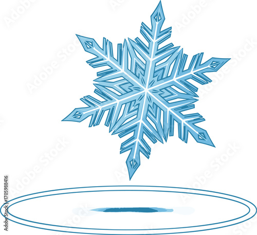 Blue snowflake floating above reflective concentric circles.