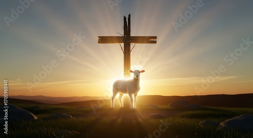 Symbolic Christian Imagery - Lamb of God and the Cross at Sunrise.