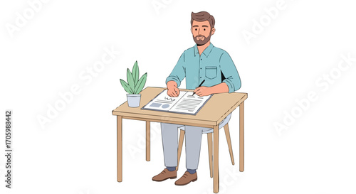 A bearded man in a casual blue shirt sits at a wooden desk writing on or signing a document on a clipboard.