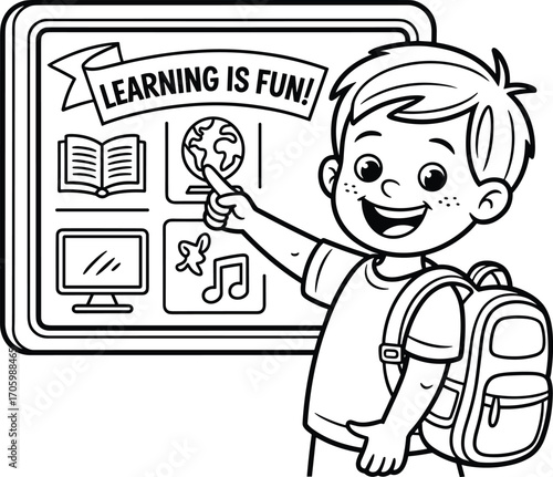 Boy in school backpack pointing at educational board with "Learning is Fun!" message, interactive learning tools, kids education, technology, and imagination illustration