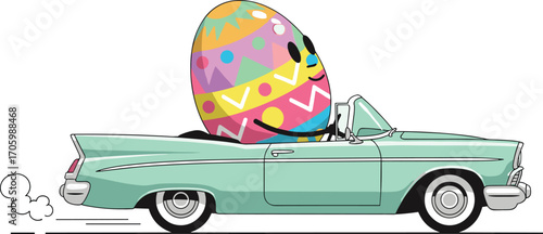 Cartoon Easter egg driving vintage convertible car