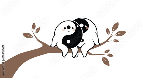 Yin Yang cartoon characters sitting on a branch